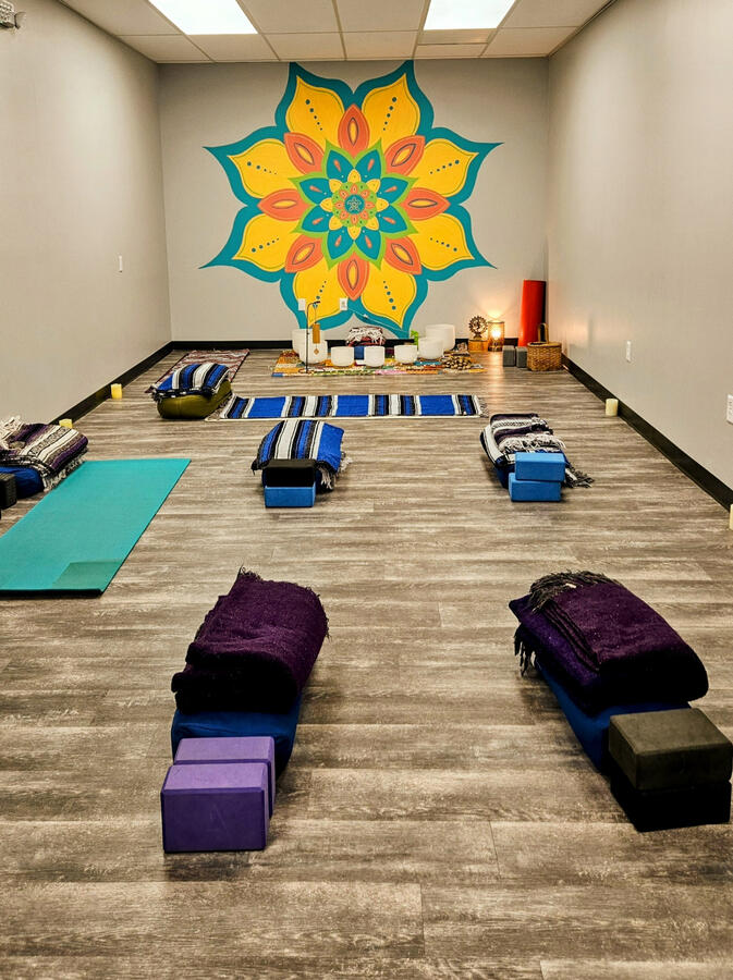 Sound bath setup at Sangha Center in Beaver Falls